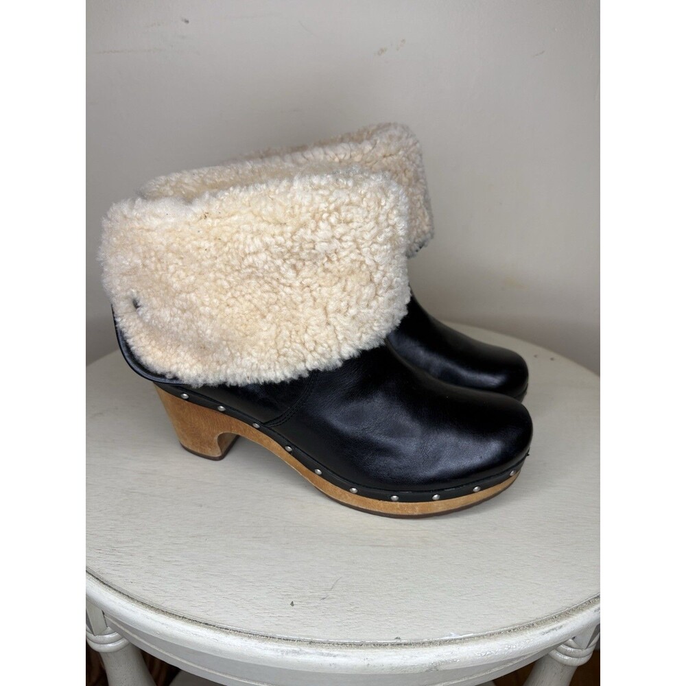 UGG Australia Lynnea Leather Shearling Wood Clog Boots Size 8 1958 Fold Over